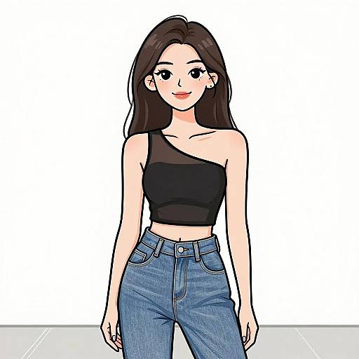 Digital drawing of a smiling Asian woman with long brown hair, wearing a black one-shoulder crop top and high-waisted blue jeans. White