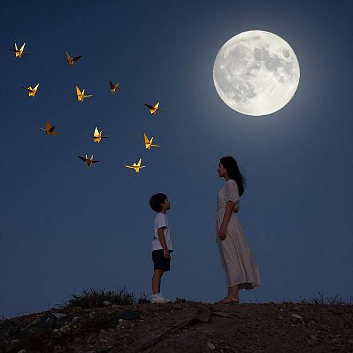 Photograph of a woman in a white dress and a child in white shirt and shorts, standing on a hill, watching glowing butterflies under a large,