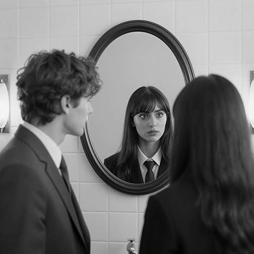 Man and Woman Facing Oval Mirror