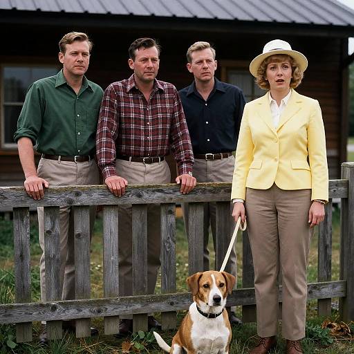 Group with Dog by Wooden Fence