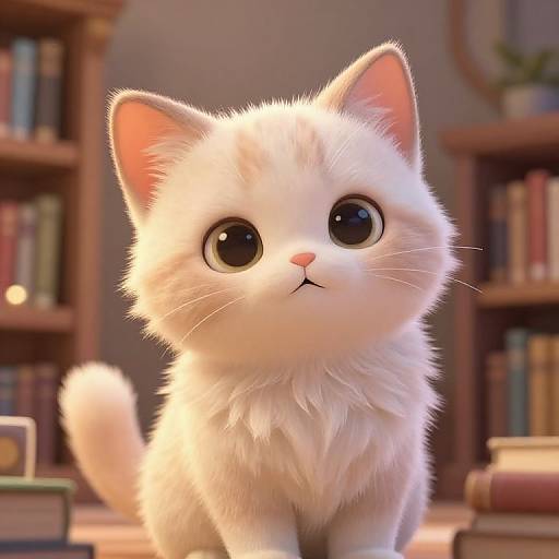 CGI image of a cute, fluffy white kitten with large, shiny black eyes, sitting in a cozy, book-filled library.
