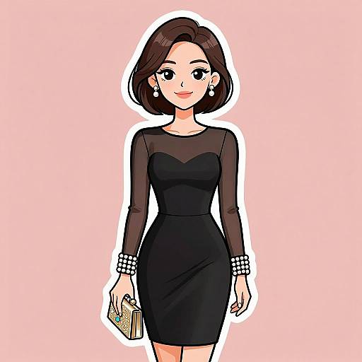 Digital drawing of a smiling woman with short brown hair, wearing a black, long-sleeve, form-fitting dress, holding a gold clutch,