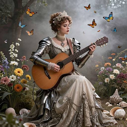 Victorian woman in ornate silver dress plays acoustic guitar, surrounded by colorful butterflies, vibrant flowers, and mushrooms in enchanted forest.