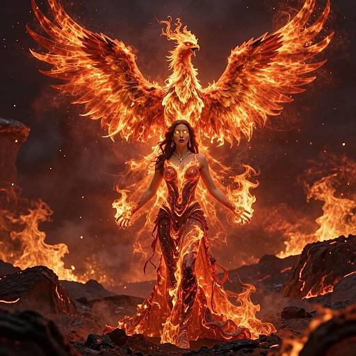 Digital artwork of a fiery angelic woman with large, blazing orange and red wings, standing amidst a burning landscape, surrounded by intense flames.