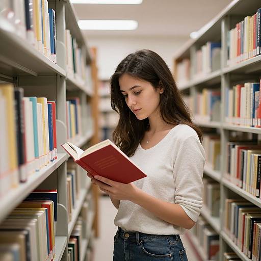 Photograph of a young woman with long dark hair, wearing a white sweater and blue jeans, reading a red book in a brightly lit library aisle with