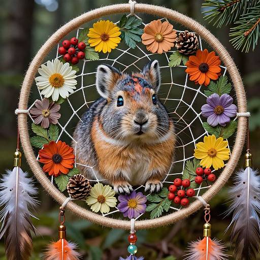 Photograph of a chinchilla in a colorful dreamcatcher adorned with flowers, pinecones, and feathers, set against a blurred forest background