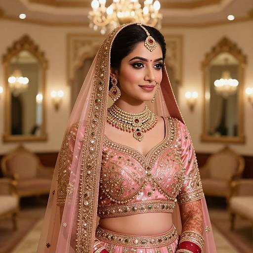 Photograph of a smiling South Asian bride in pink, gold-embellished traditional attire, veil, and jewelry, standing in an opulent,