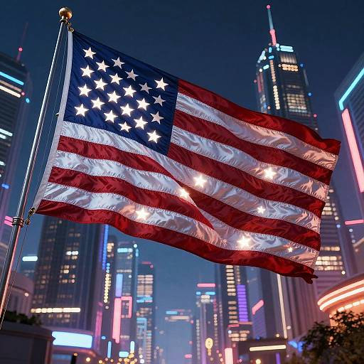 Futuristic US Flag Over Neon City