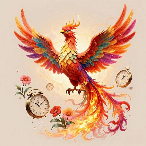Digital illustration of a vibrant, multicolored phoenix with fiery tail, wings outstretched, surrounded by two clocks and pink flowers.