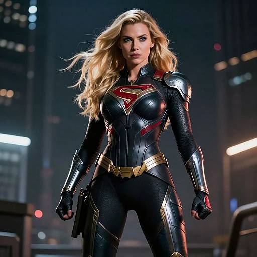 Photorealistic CGI of a blonde woman in a black, armored Supergirl suit with gold accents and red 