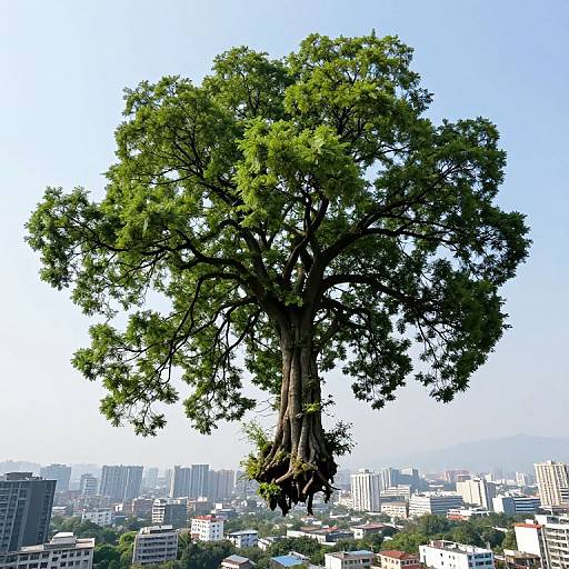 Photograph of a giant, lush green tree with thick branches and large roots, floating above a cityscape of skyscrapers and buildings under a clear
