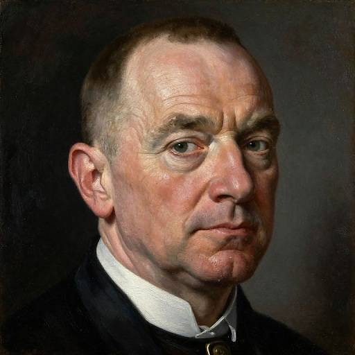 Photorealistic digital portrait of an elderly white man with receding hairline, deep wrinkles, serious expression, wearing a black jacket over a white shirt