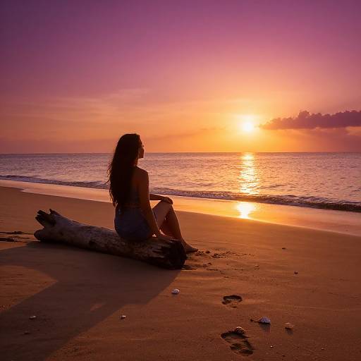 Silhouetted woman with long hair sitting on beach at sunset, back to camera, beside driftwood, orange and purple sky, calm ocean.
