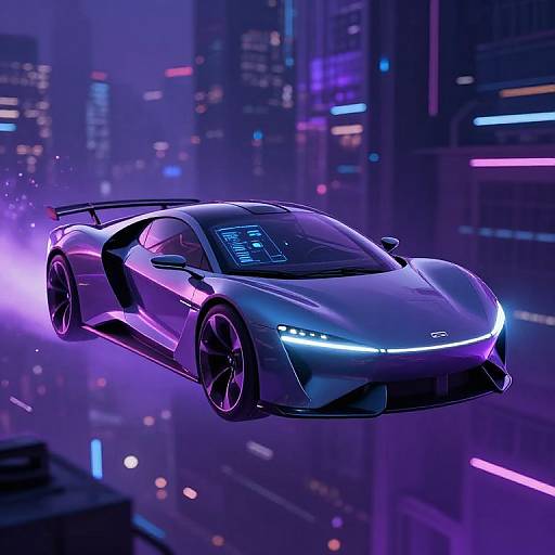 Digital art of a futuristic, neon-lit, silver sports car with glowing blue headlights flying over a vibrant, purple and pink cityscape.