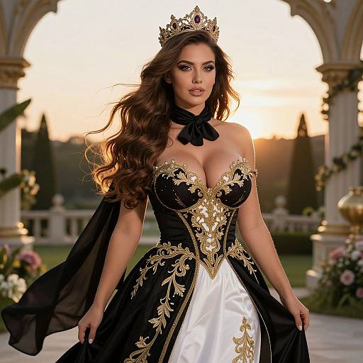 Photograph of a beautiful woman with long brown hair, wearing a black and gold ornate strapless gown, black choker, and tiara,