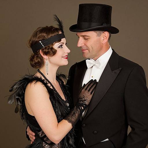 Photograph of a smiling couple in 1920s flapper and gentleman attire, with the woman in a black feather dress and the man in a
