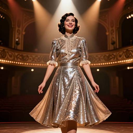 Photograph of a smiling woman in a shimmering silver, 1940s-style dress with ruffled sleeves, walking on a brightly lit runway in
