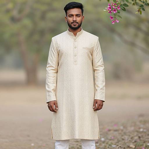 Photograph of a bearded South Asian man in a cream-colored traditional kurta with white pants, standing outdoors with blurred trees and pink flowers in the