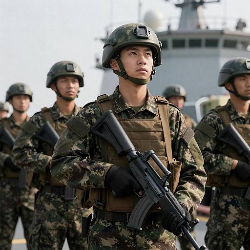 Focused Soldier on Ship Deck