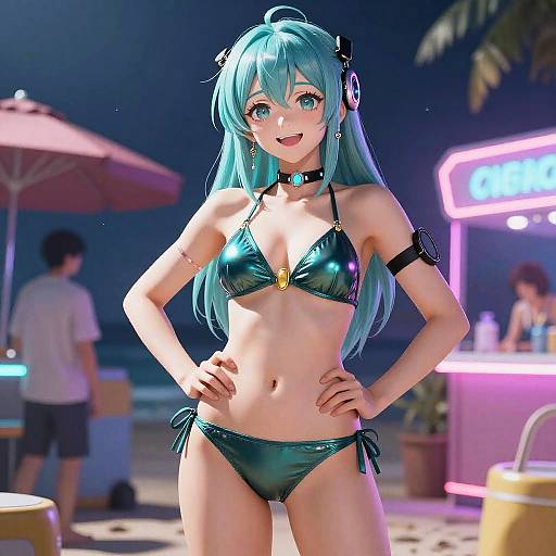CGI anime girl with turquoise hair, green metallic bikini, black choker, and headphones, stands confidently at a neon-lit beach bar.