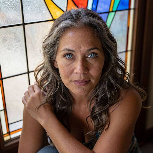 Photograph of a middle-aged woman with blue eyes and wavy brown hair, sitting in front of colorful stained glass windows, arms crossed over chest,