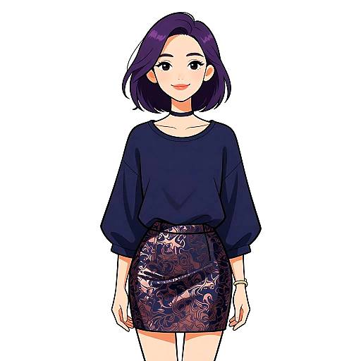 Digital anime-style drawing of a smiling woman with short purple hair, wearing a black choker, loose black top, and black floral skirt.