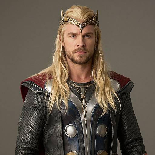 Photograph of a blonde, bearded man with a crown, wearing black, armored medieval attire with silver accents and red cape, against a gray background