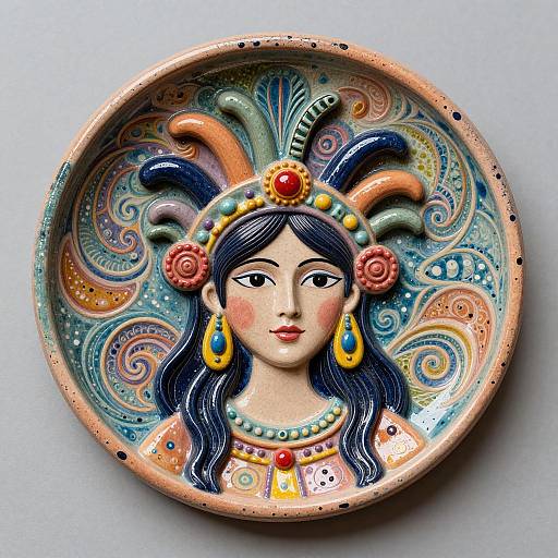 Colorful ceramic plate with stylized portrait of a dark-haired woman wearing a headdress, earrings, and necklace, surrounded by intricate paisley patterns.
