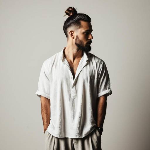 Man with Man Bun and White Tunic Shirt