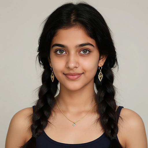 Photograph of a young South Asian woman with long black hair in braids, wearing a black tank top, gold earrings, and a delicate necklace,