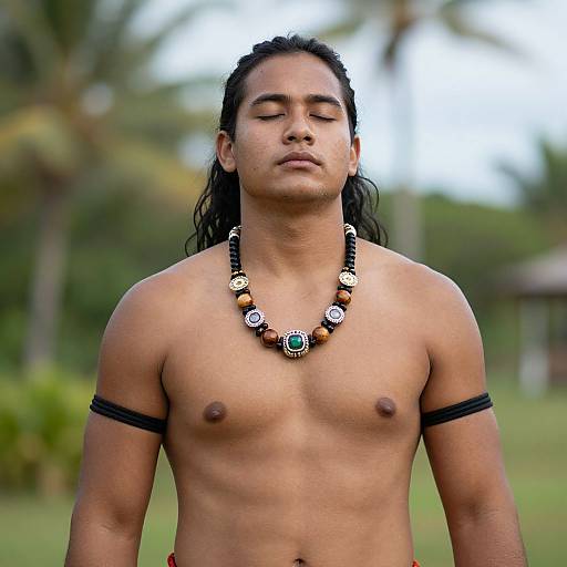 Photograph of a shirtless, muscular, young Indigenous man with long black hair, wearing a beaded necklace and black armbands, standing outdoors