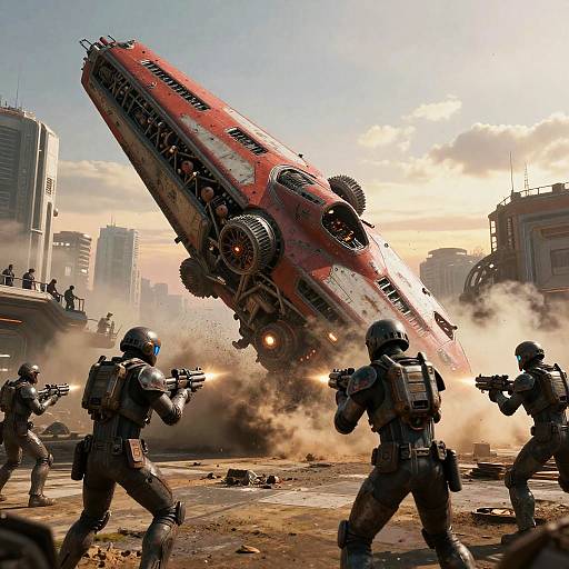 Digital artwork of four soldiers in tactical gear firing at a crashing, red, futuristic truck in a dusty, urban battlefield.