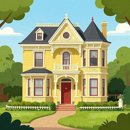 Victorian Yellow House with Red Door