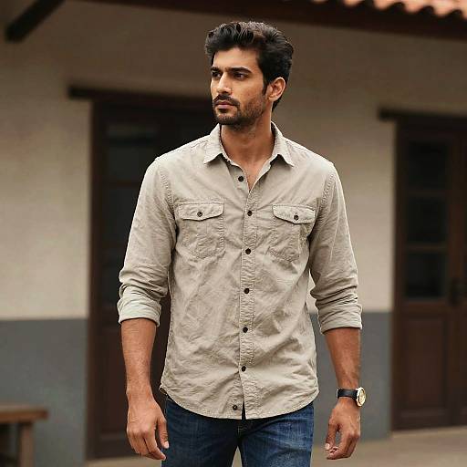 Photograph of a handsome, dark-haired man with a beard, wearing a beige button-down shirt and blue jeans, standing outdoors in front of a building