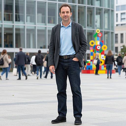 Photograph of a middle-aged man with short dark hair, wearing a dark blazer, light blue shirt, and black jeans, standing in a modern