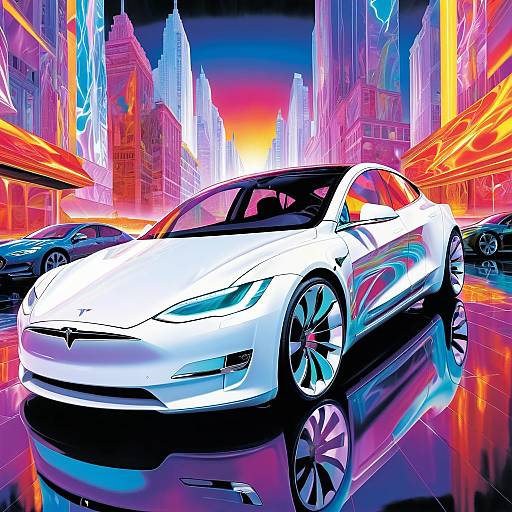 White Tesla Model S with Vibrant Cityscape