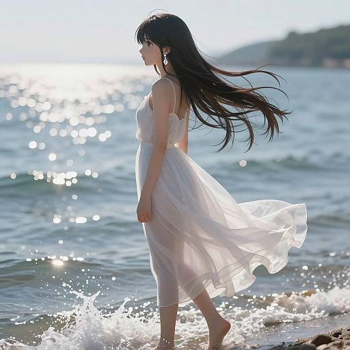 Photograph of a young woman with long black hair in a flowing white dress, standing in sunlight by the ocean, with waves splashing around her.