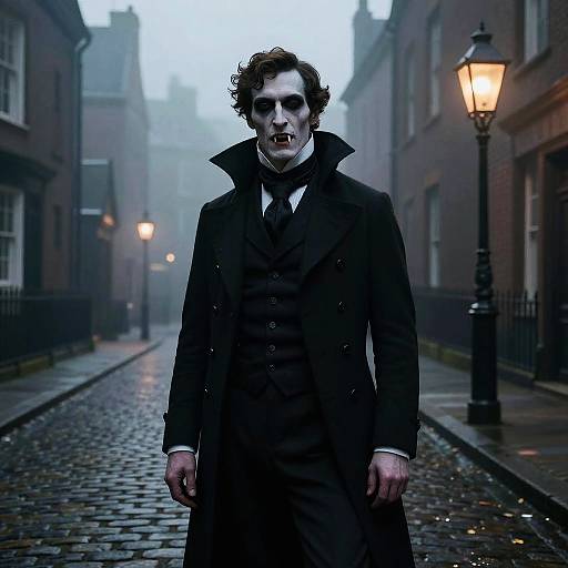 Photograph-like digital art of a pale, creepy man with dark makeup, sharp teeth, and a black Victorian coat, standing on a foggy,