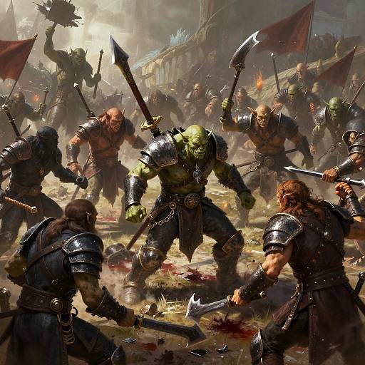 Digital painting of a fierce battle: green-skinned orc in armor stands amidst muscular warriors wielding swords and axes, surrounded by blood and chaos in a sm