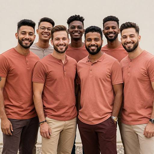 Photograph of seven smiling, diverse men in red and brown polo shirts, standing closely together outdoors with a bright white background.