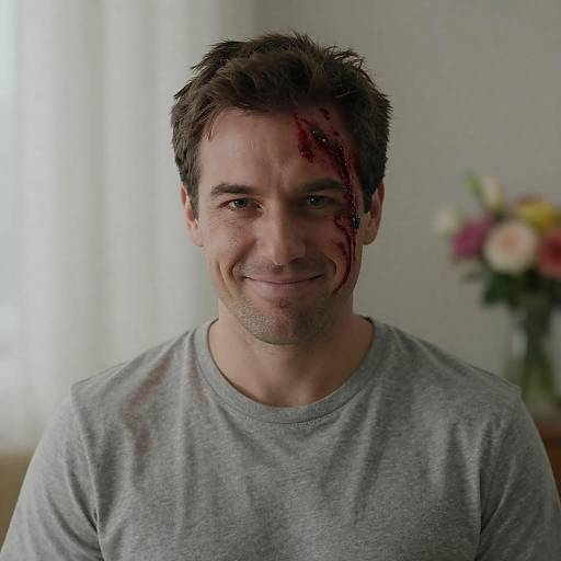 Man with Facial Injury Smiling Mischievously