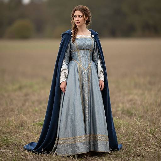 Photograph of a young woman with fair skin and brown hair in a braid, wearing a light blue medieval-style dress with gold embroidery, white blouse
