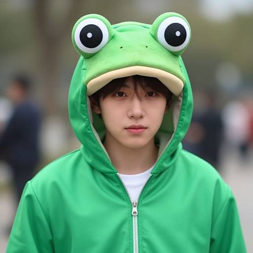 Photograph of an Asian young man with fair skin, brown hair, and large frog ears hood, wearing a green frog costume, standing outdoors with a