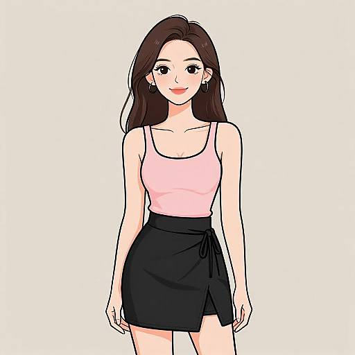 Digital anime-style drawing of a cute, fair-skinned woman with long brown hair, wearing a pink tank top and black skirt, standing against a white