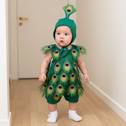 Photograph of a baby in a peacock costume with green hood, peacock feather pattern, and white socks standing on wooden floor.