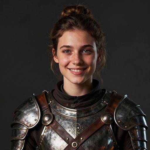 Photograph of a young woman with fair skin and brown hair in a bun, smiling, wearing shiny, medieval-style silver armor with brown leather straps,