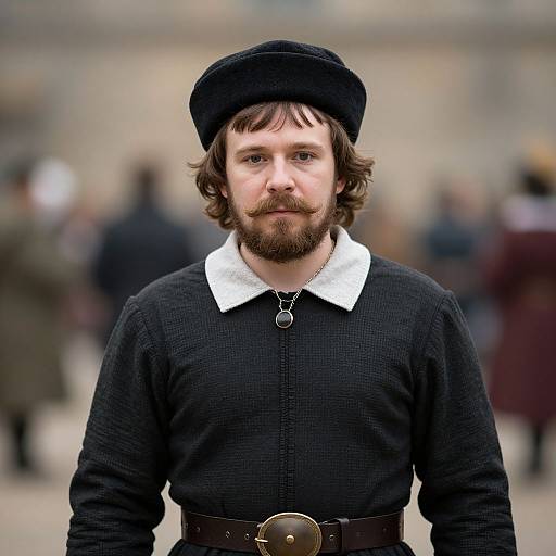 Photograph of a bearded white man with wavy brown hair, wearing a black beret, black shirt with white collar, chain necklace, and