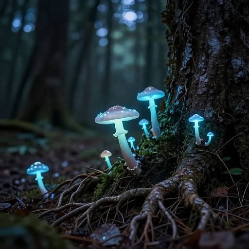 Photograph of glowing blue mushrooms with dewdrops, clustered near a moss-covered tree trunk in a dark, mystical forest.