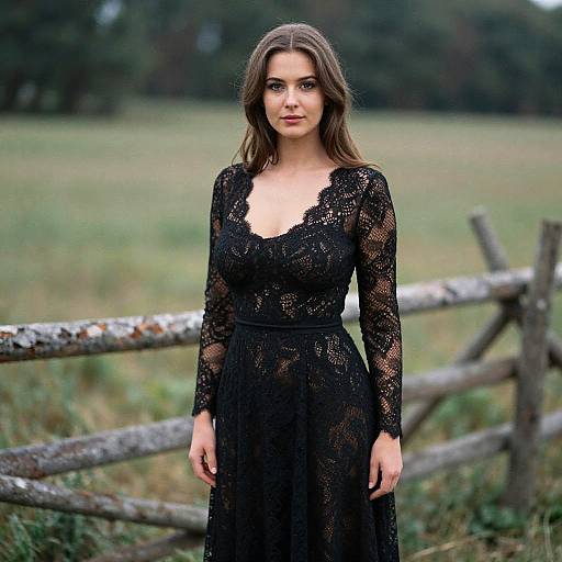 Photograph of a young woman with long brown hair, wearing a black lace dress, standing in a grassy field with a rustic wooden fence in the