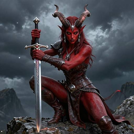 Digital artwork of a fierce red-skinned demon warrior with horns, kneeling on rocky terrain, gripping a glowing sword under a stormy sky.